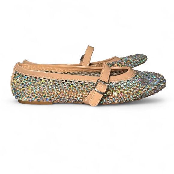 Bamboo Sparkly Mesh Mary Jane Flats Women’s Size 11M Nude Beige Rhinestone Balle - Picture 2 of 8